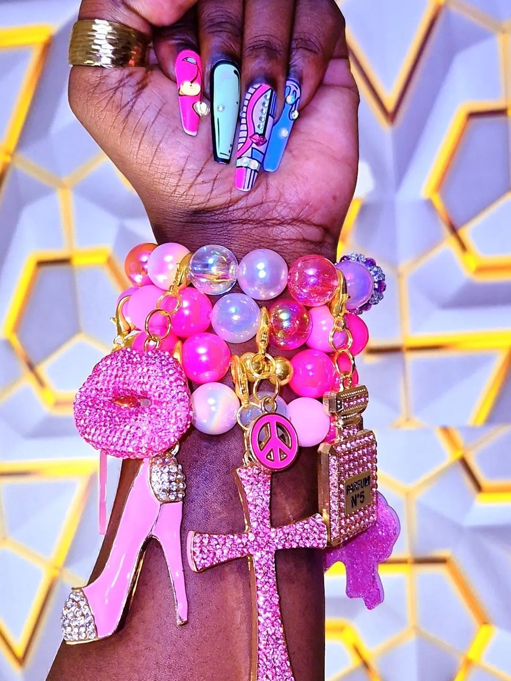 Pink Beaded Charm Bracelet Set with Gold Accents